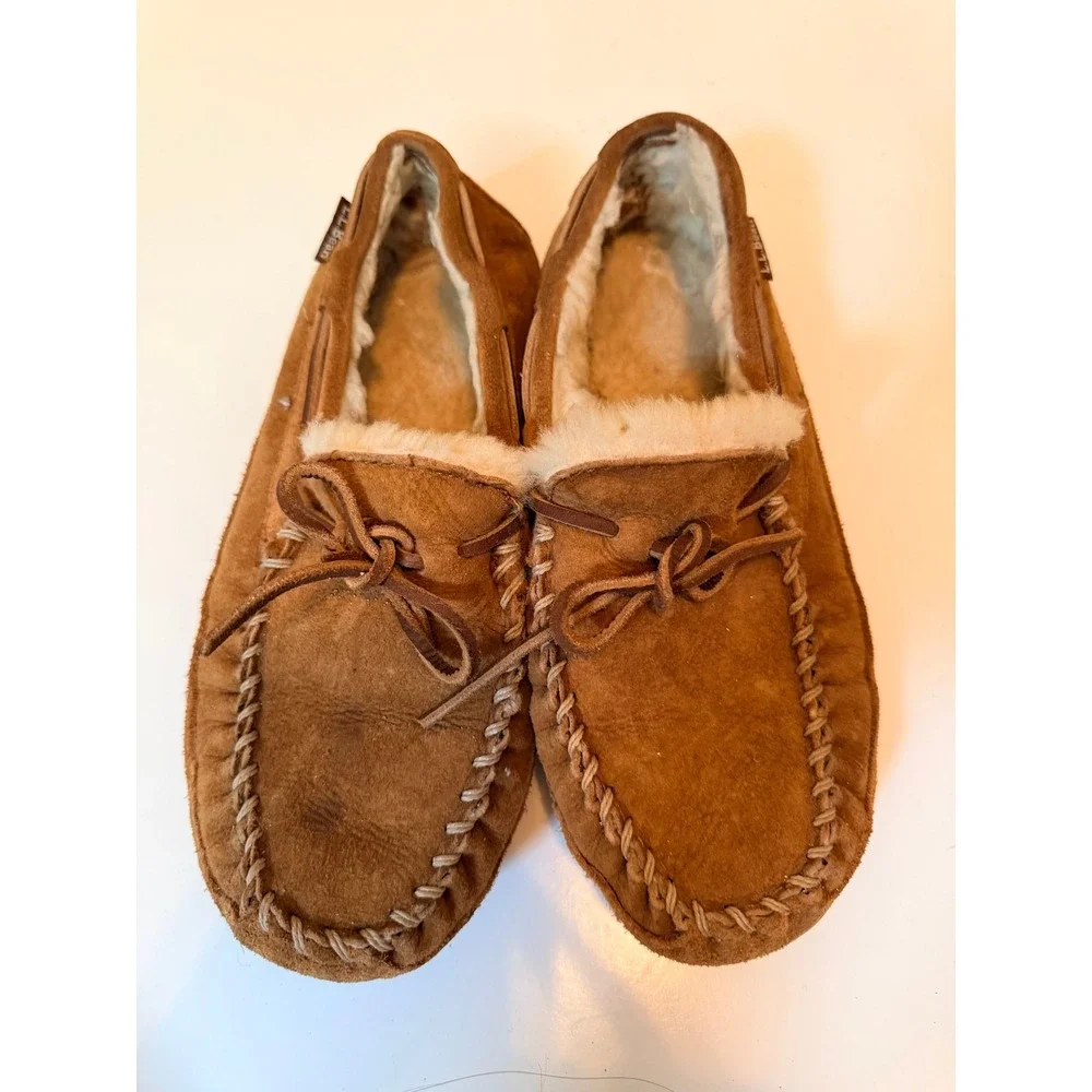 L.L.Bean Wicked Good Moccasin Mens Size 7‎ Brown Shearling Suede Slippers
